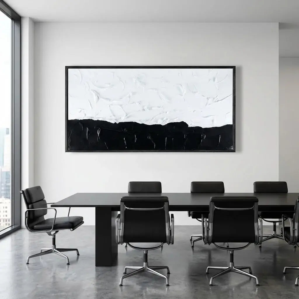 Modern conference room with a large abstract painting on the wall.