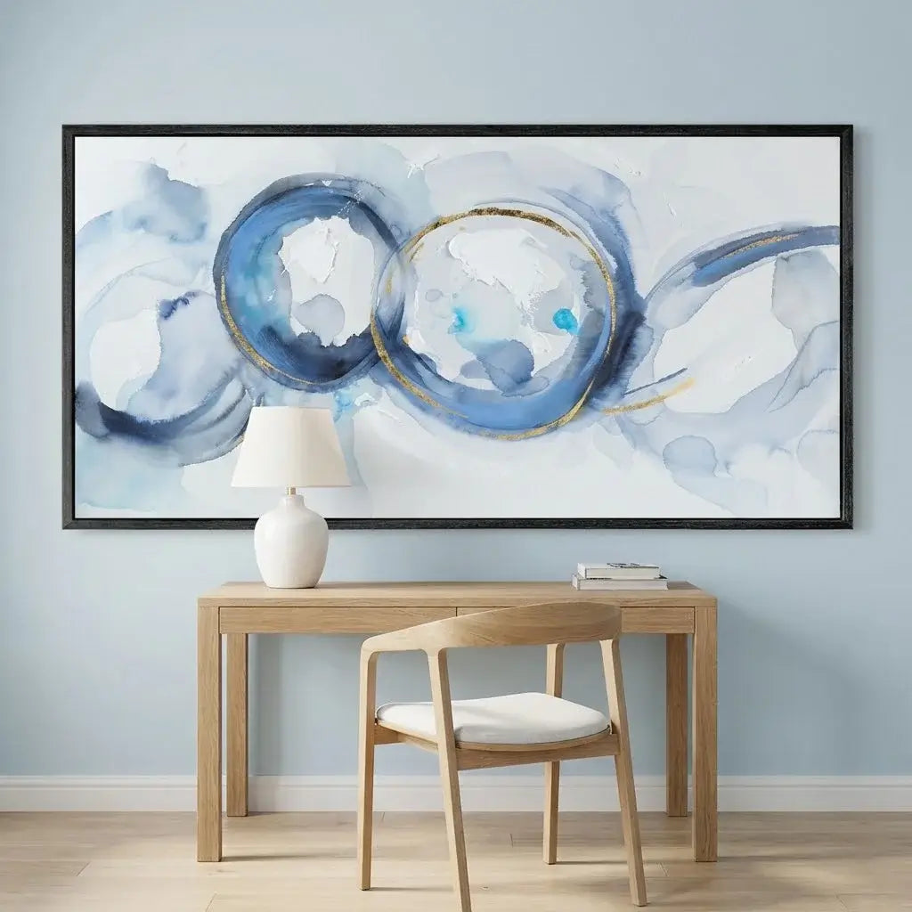 Abstract art piece in a modern interior setting with a table and chair.