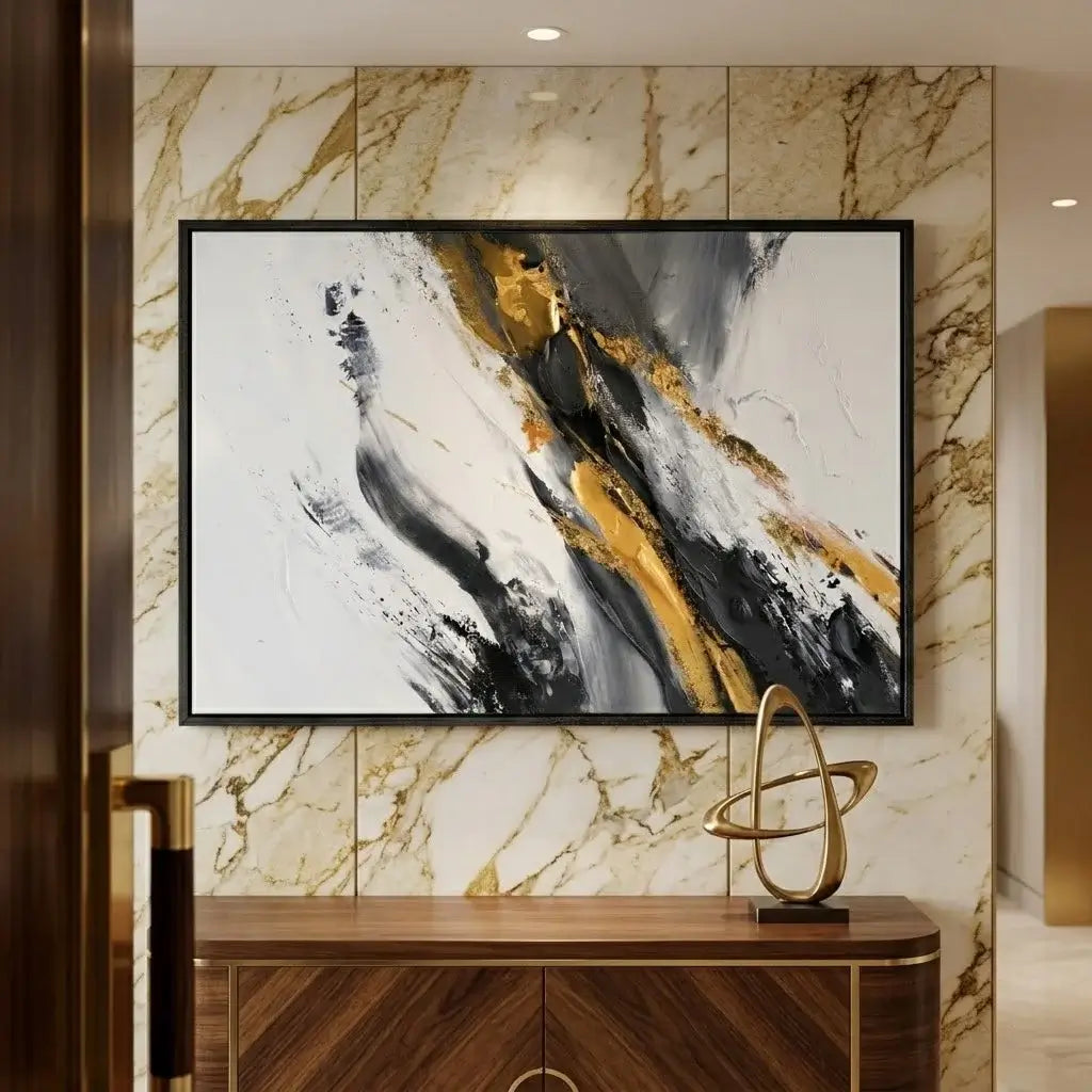 Modern interior with abstract art, round mirror, and decorative items.
