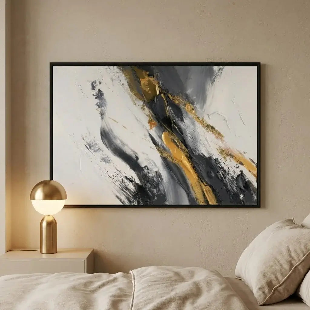 Modern living room with abstract painting, black chairs, and marble wall.