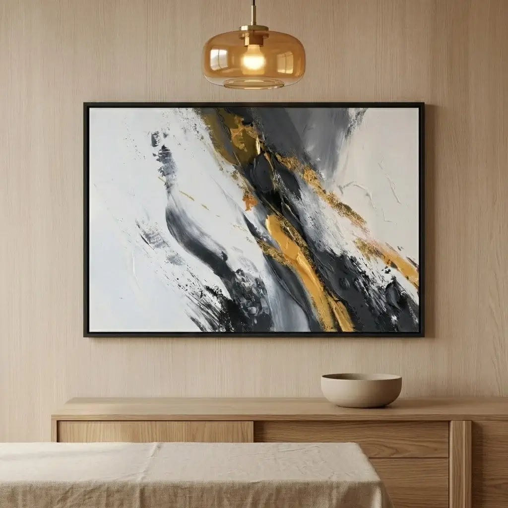 Modern bedroom with abstract art above the bed