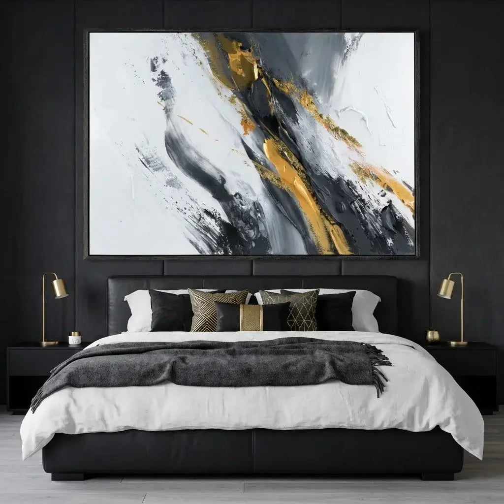 Modern bedroom with abstract art above the bed