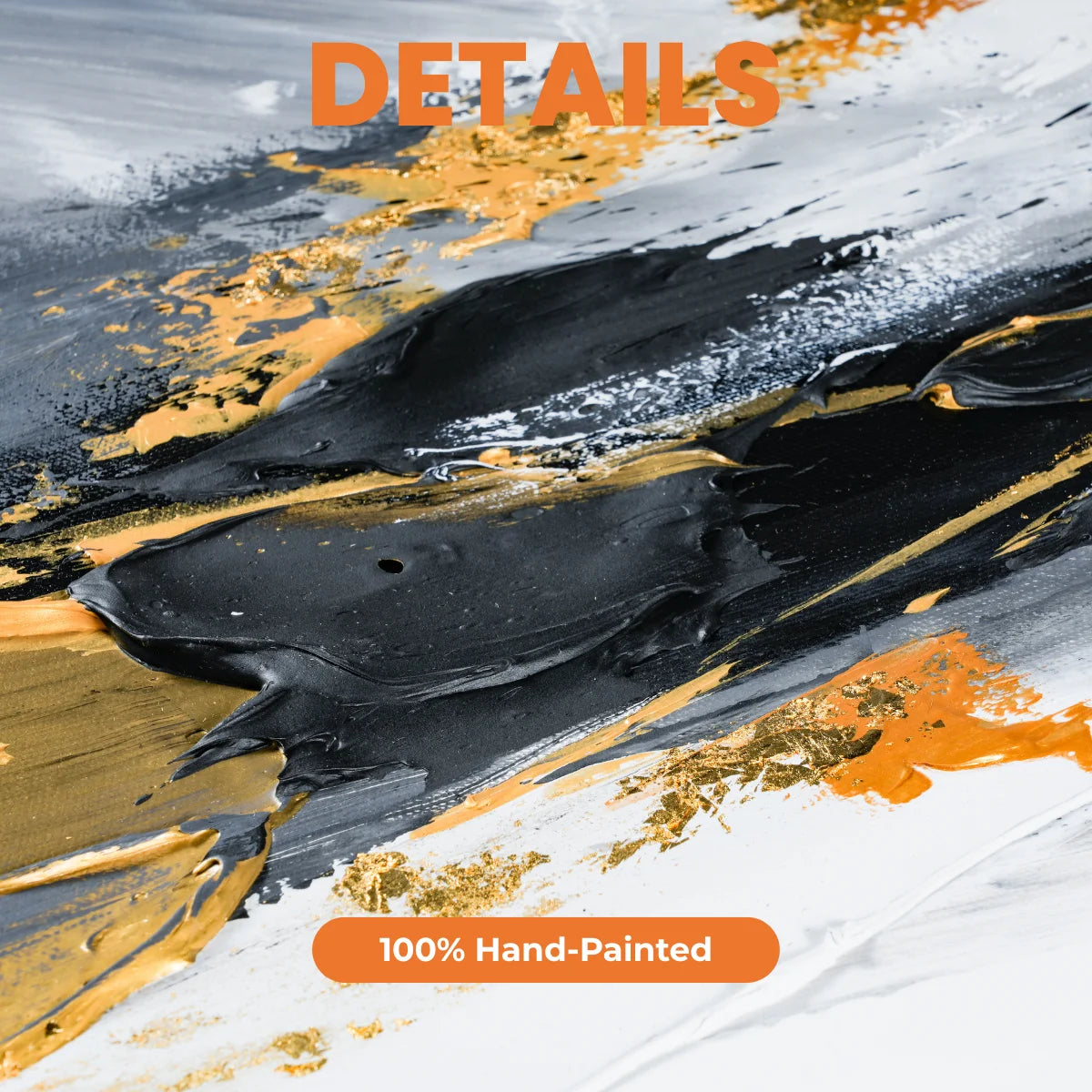 Abstract art with black, gold, and white brush strokes and '100% Hand-Painted' text.