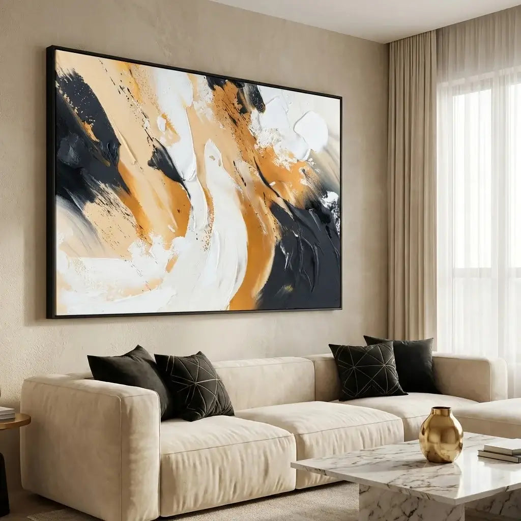 Living room with a large abstract painting on the wall above a beige sofa.