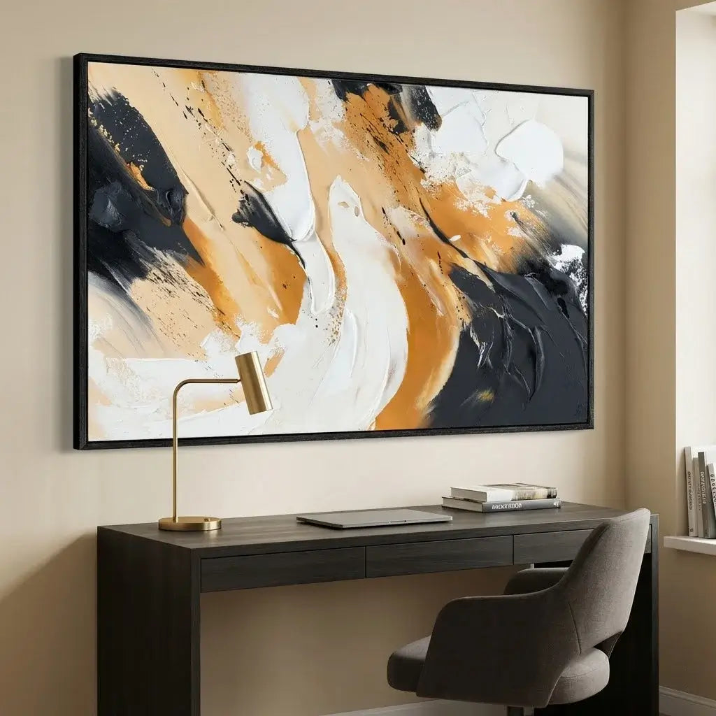 Modern office setup with a desk, chair, and abstract painting on the wall.