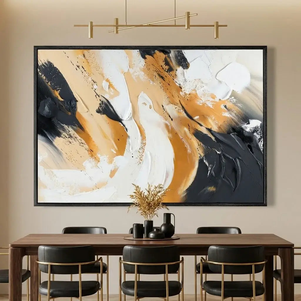 Dining room with a large abstract painting on the wall above a wooden table.