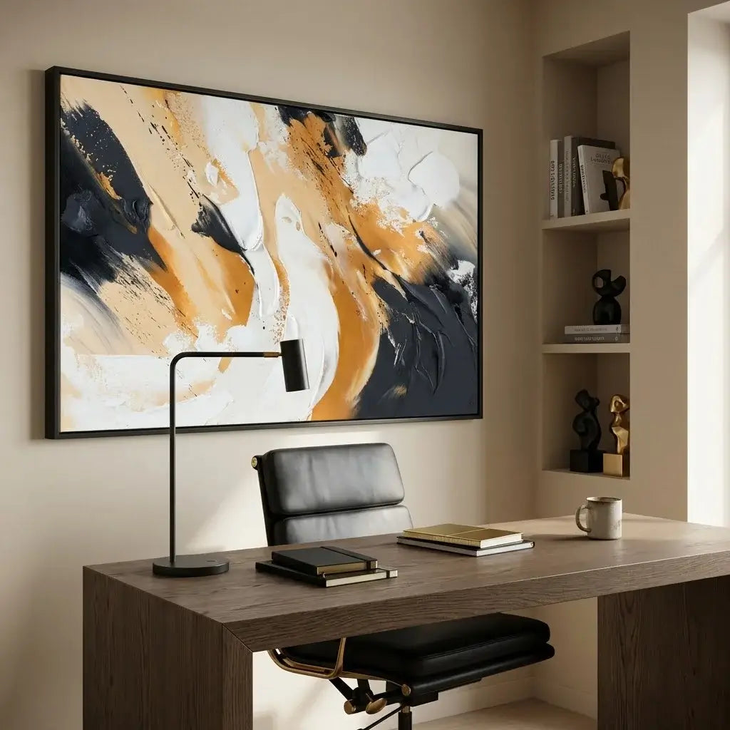 Modern home office with a desk, chair, and abstract painting on the wall.