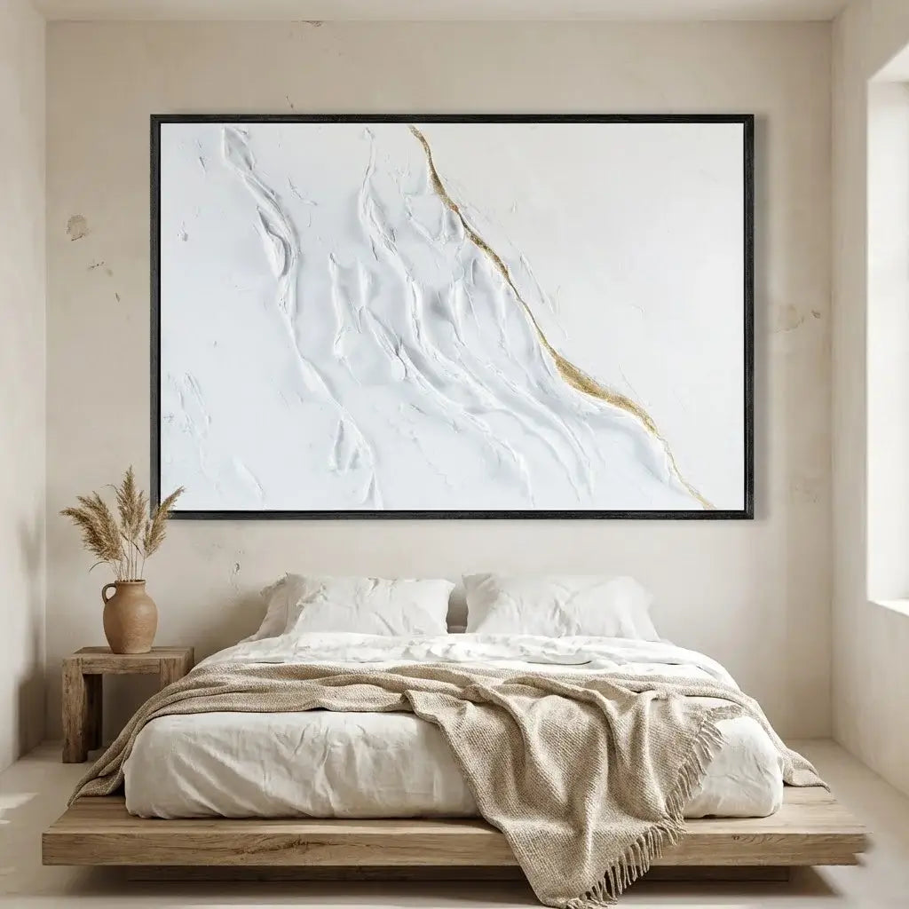 Modern bedroom with a bed, wooden side table, and abstract wall art.