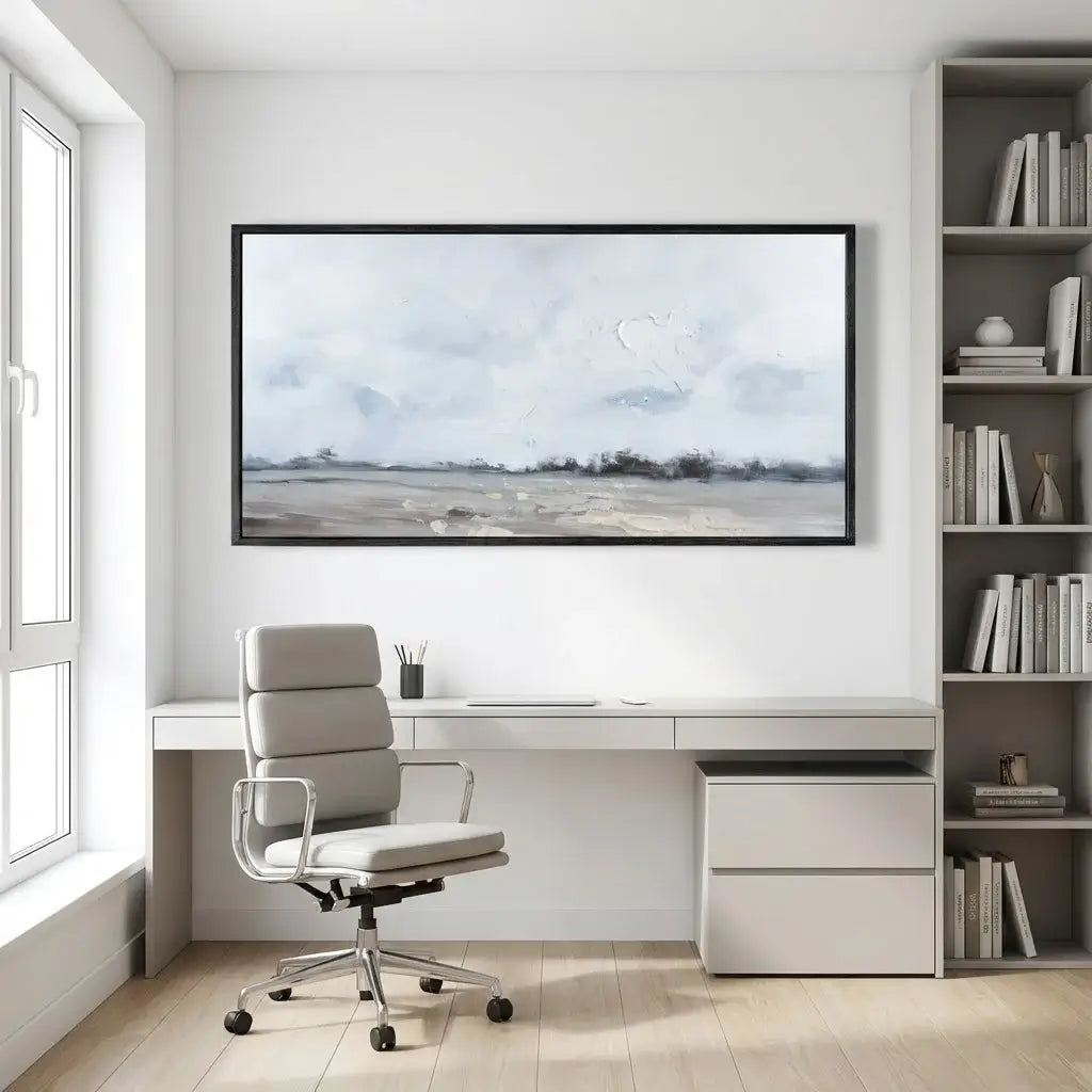 Modern home office with a desk, chair, and bookshelf.