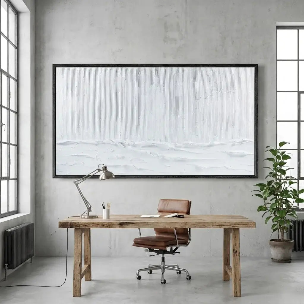 Modern office setup with wooden desk, chair, lamp, and large abstract painting on a gray wall.