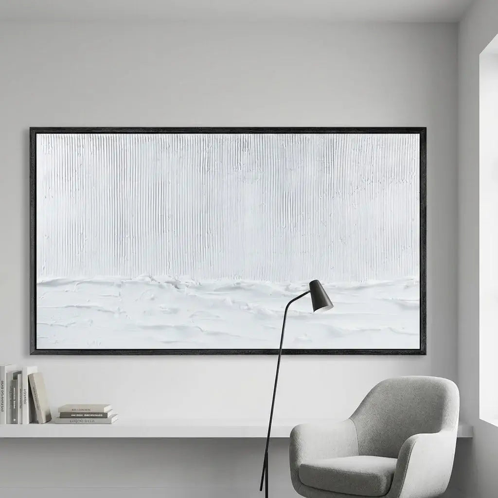 Modern interior with a large abstract painting, gray armchair, and floor lamp.