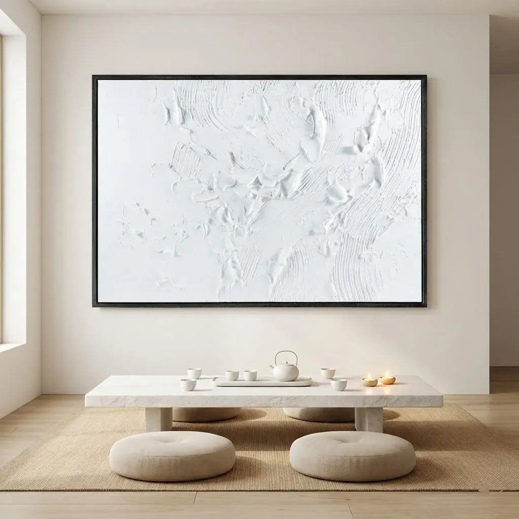 Modern interior with a large abstract painting on the wall, a marble table, and two round stools.