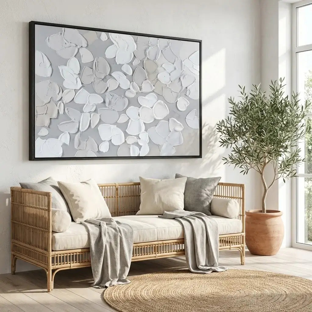 Living room with a wicker sofa, abstract wall art, and a potted plant.