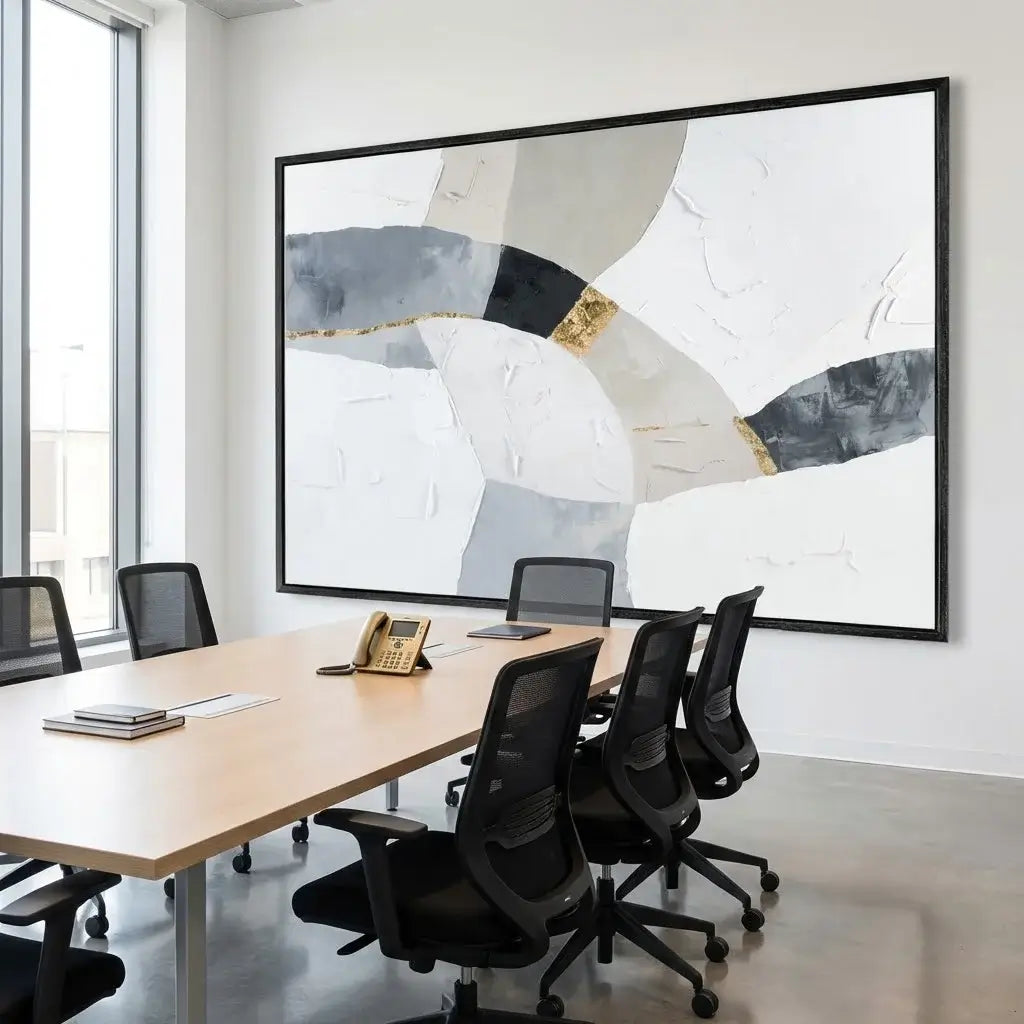 Modern conference room with a large abstract painting on the wall.