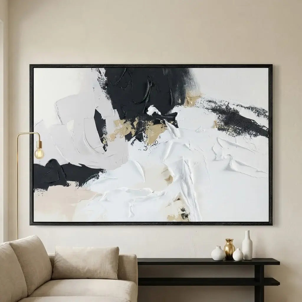 Abstract art piece in a modern living room setting with a sofa and decorative items.