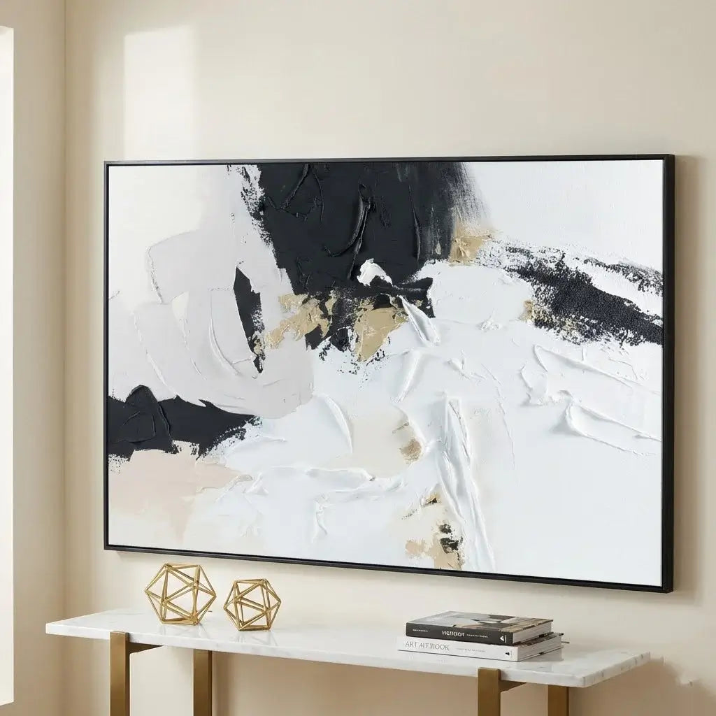 Abstract art piece on a wall with a console table below