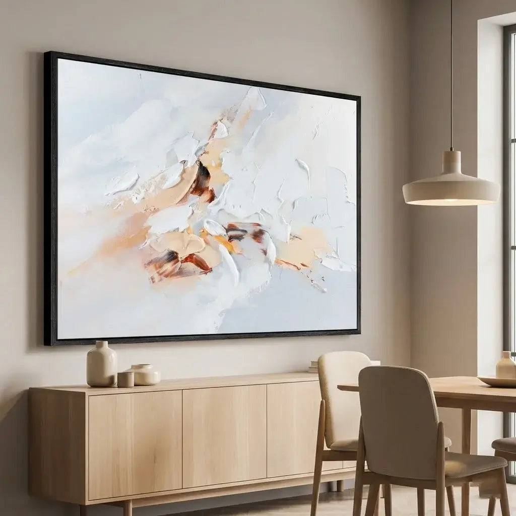 Modern interior with abstract painting on wall, wooden sideboard, and dining table.