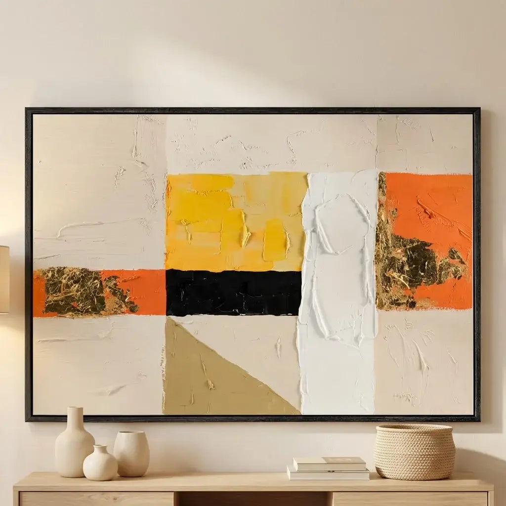 Abstract art piece with geometric shapes in orange, yellow, black, and white on a beige wall.
