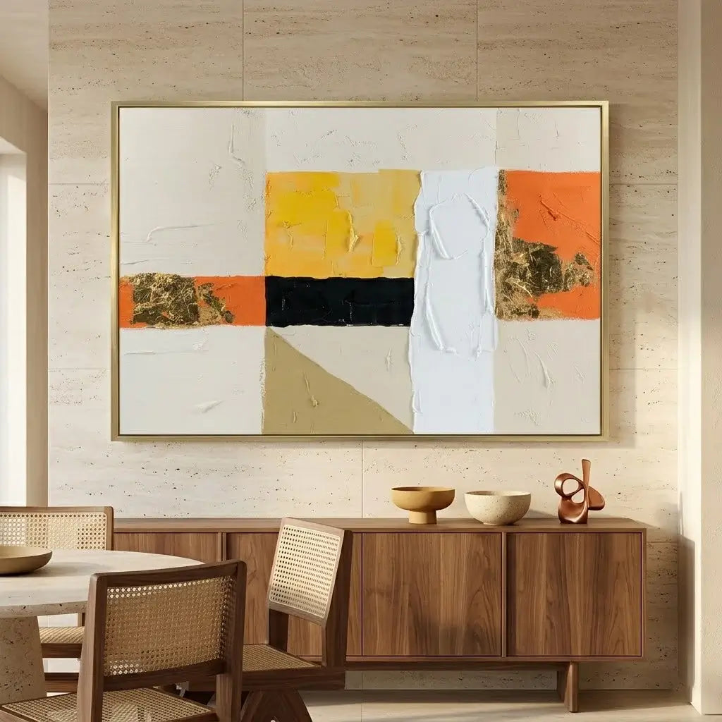 Abstract art piece on a wall in a modern interior setting