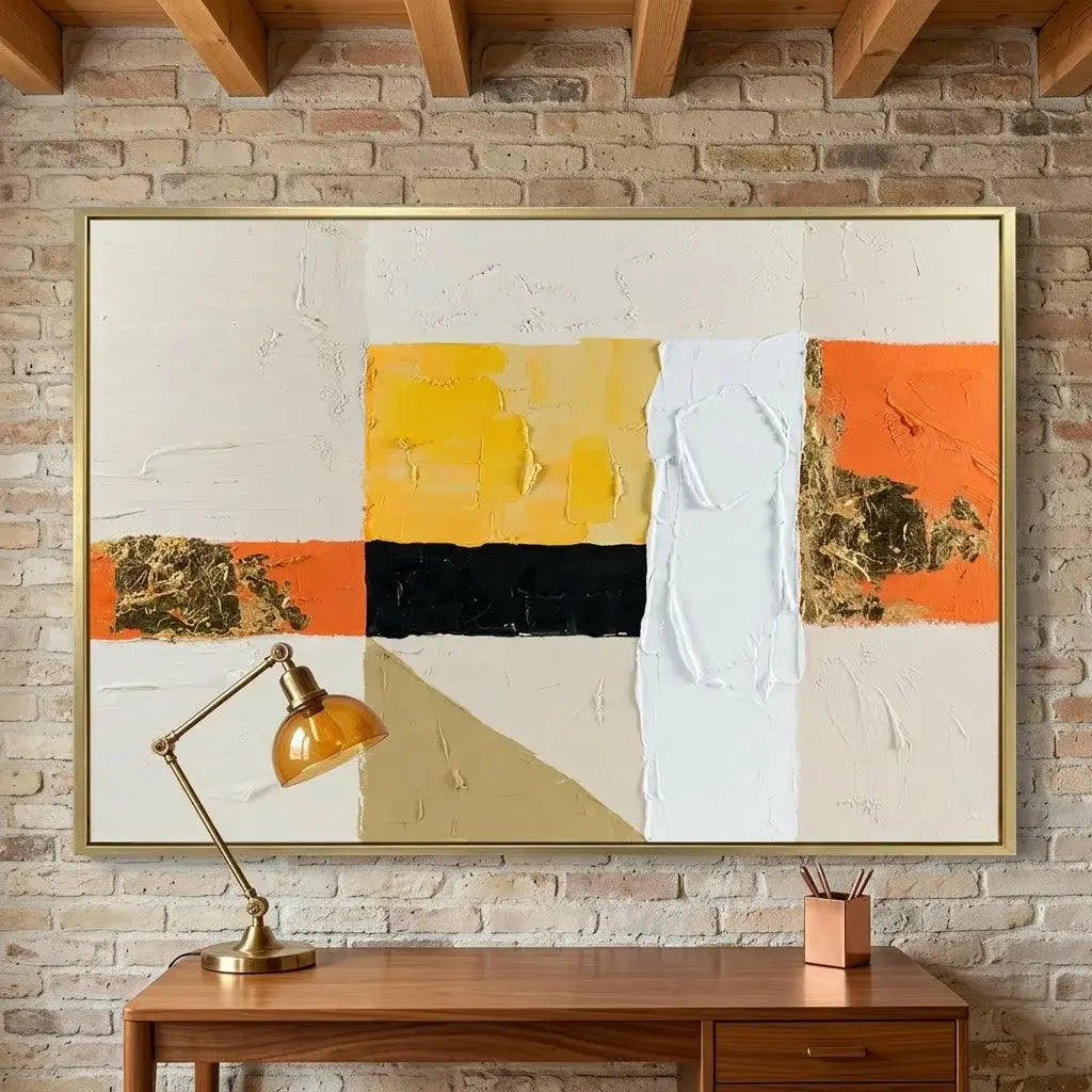 Abstract art piece with geometric shapes on a beige wall above a wooden table.