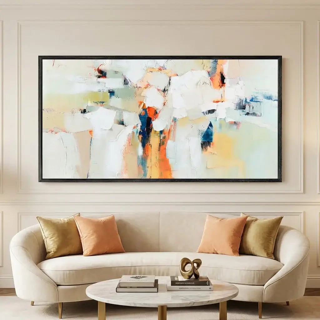 Abstract painting above a beige sofa with decorative pillows in a living room setting.