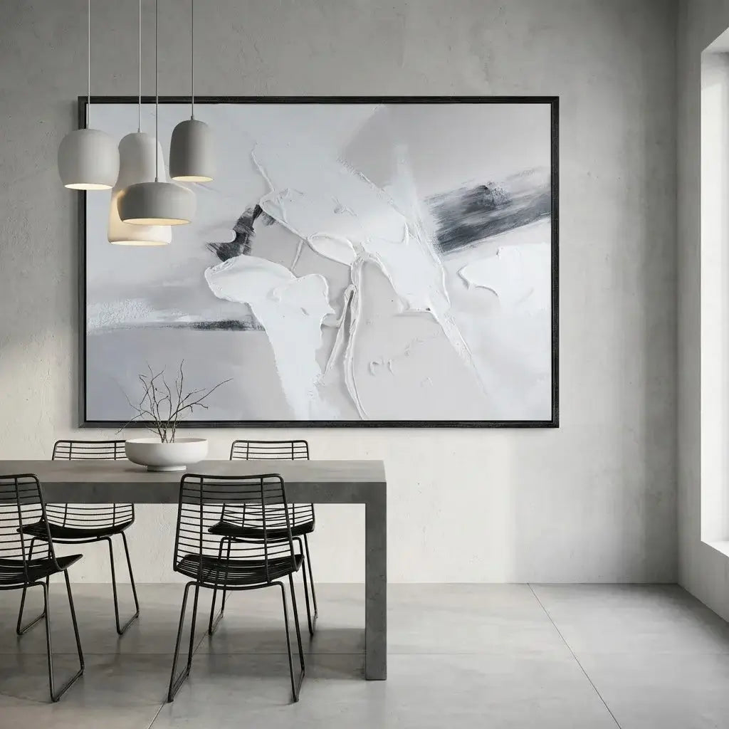 Modern dining room with abstract art on the wall
