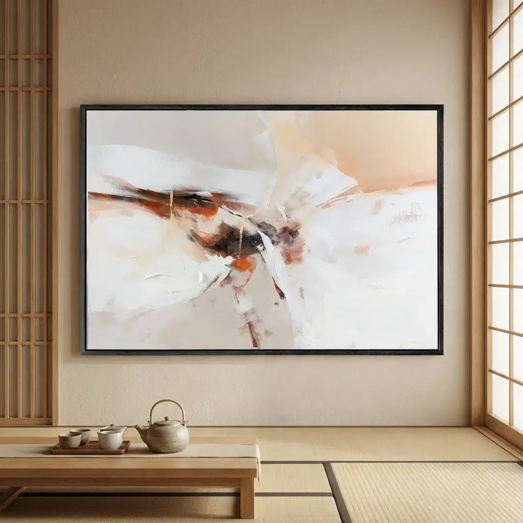 Abstract painting in a modern room with wooden furniture and shoji screens.
