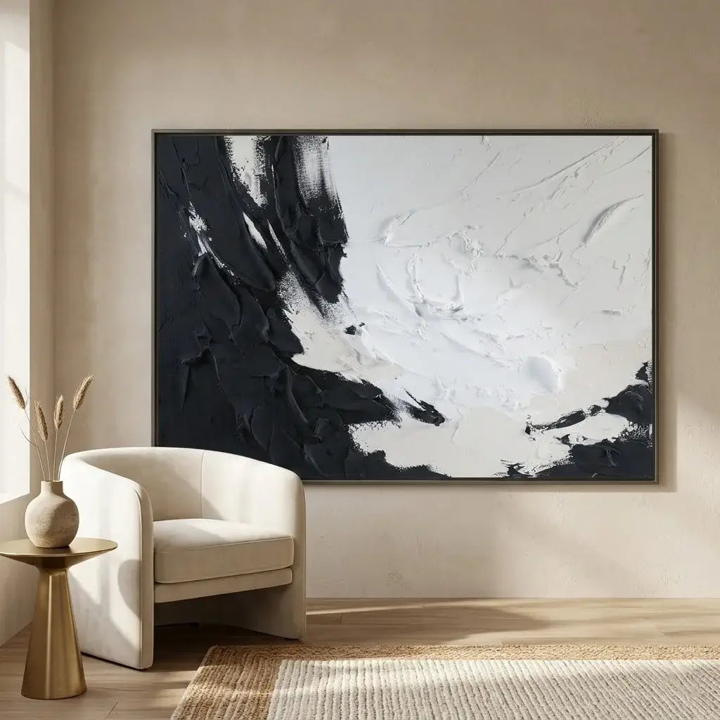 Modern living room with a black leather sofa, abstract art, and marble coffee table.