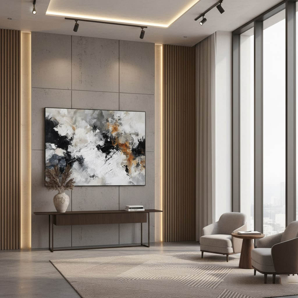 Modern living room with abstract art, chairs, and a large window.