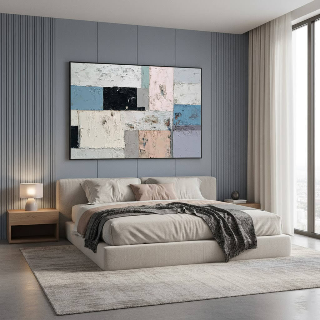 Modern bedroom with a bed, abstract painting on the wall, and side tables.