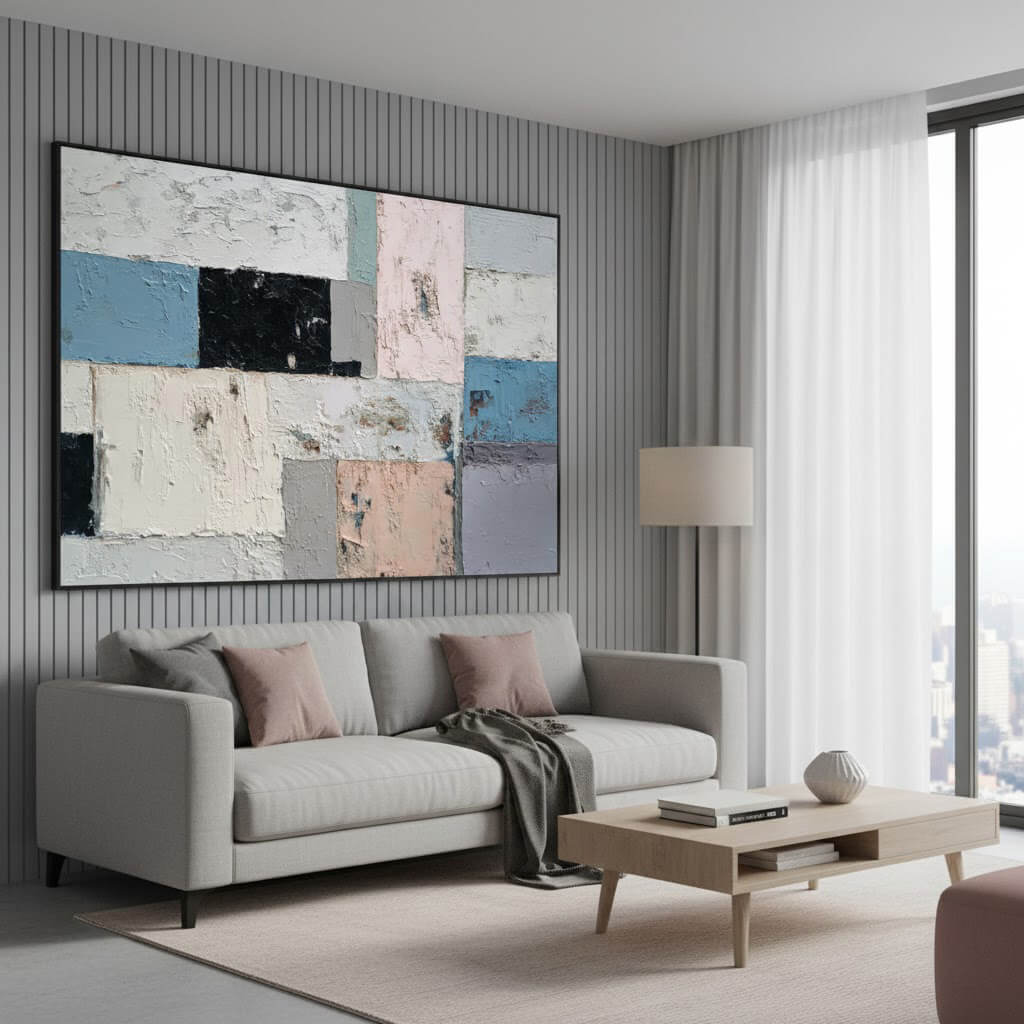Modern living room with a gray sofa, coffee table, and abstract wall art.