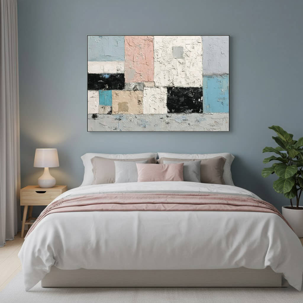 Bedroom with abstract art above the bed