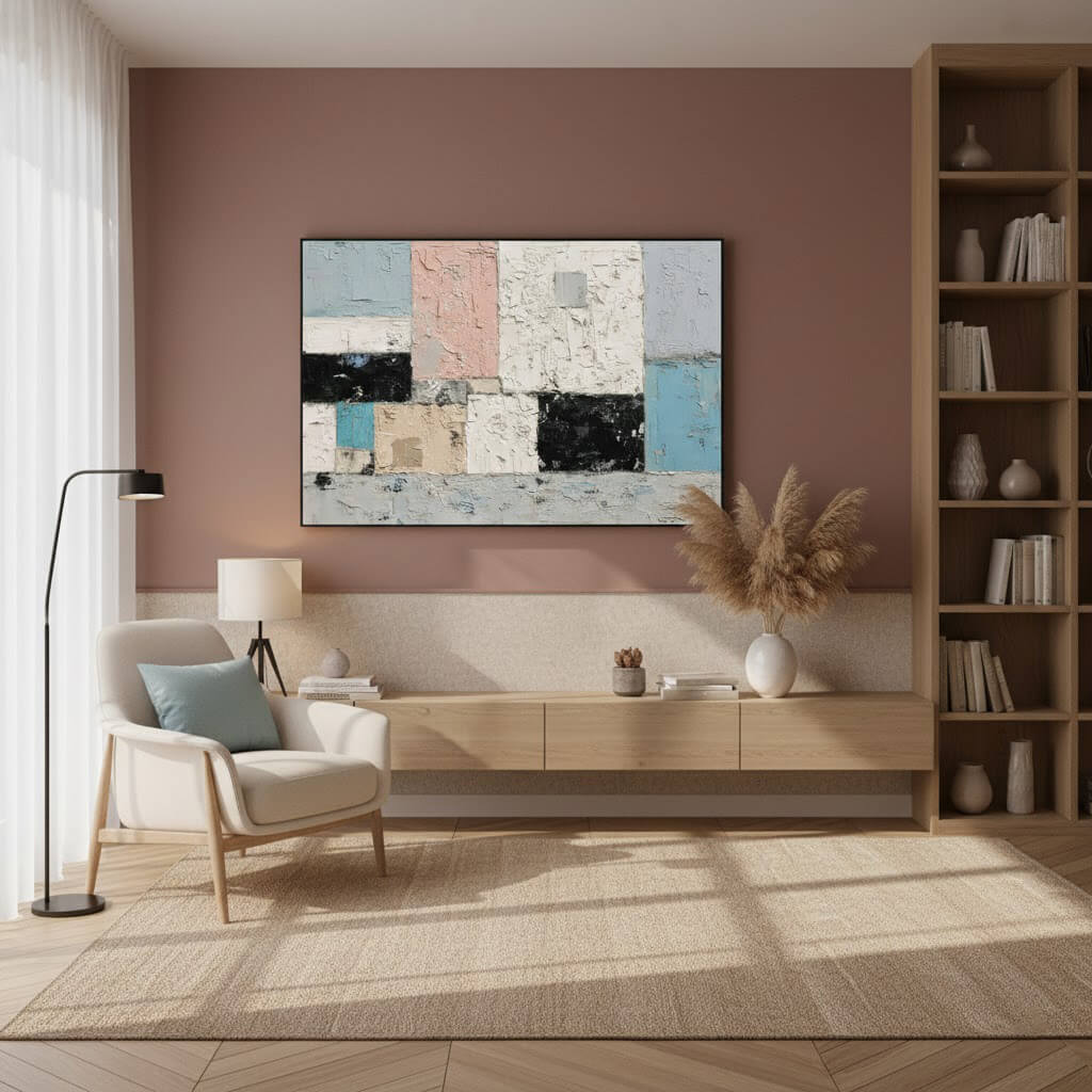 Modern living room with abstract painting, bookshelf, and armchair.