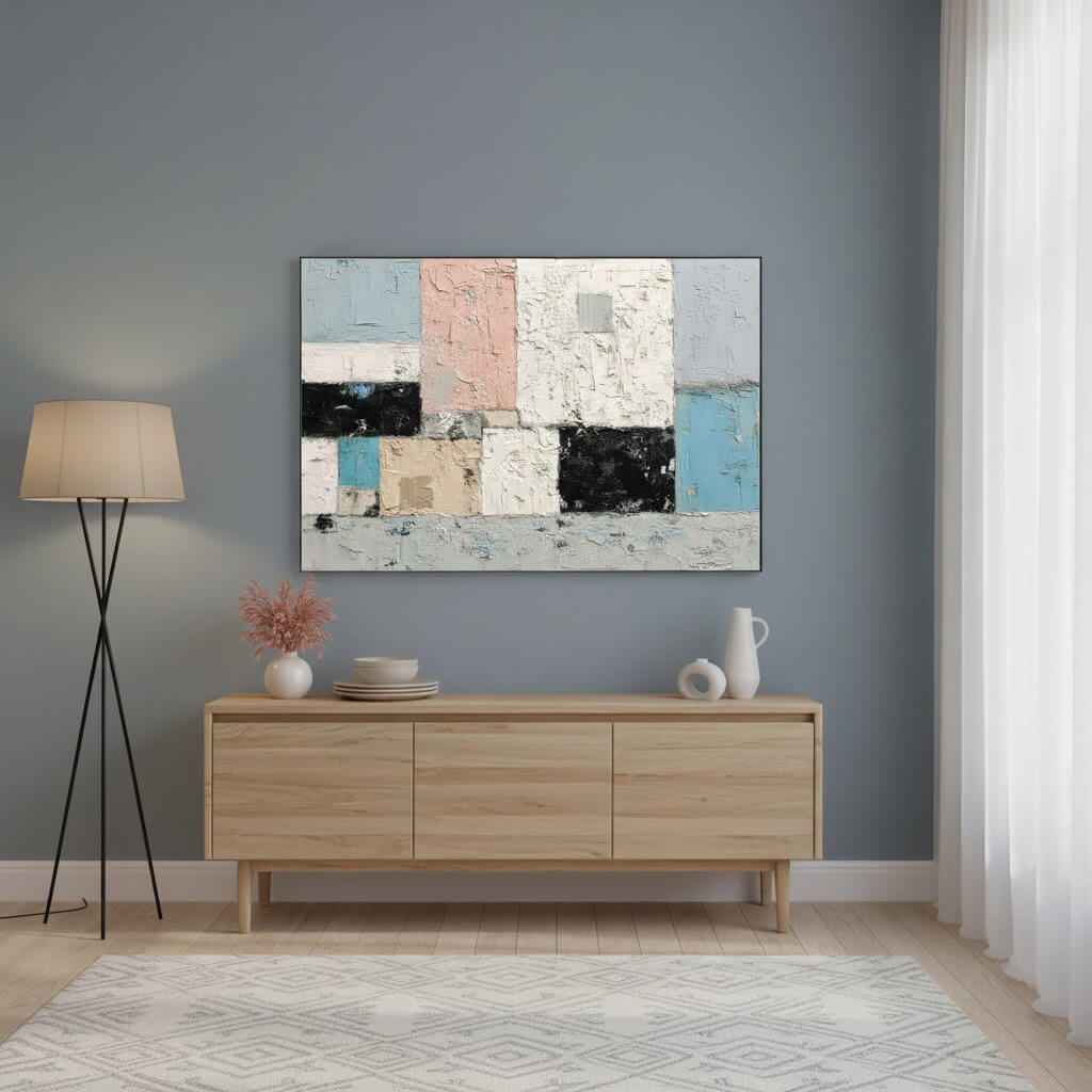 Modern living room with a wooden sideboard, abstract painting, and decorative items.