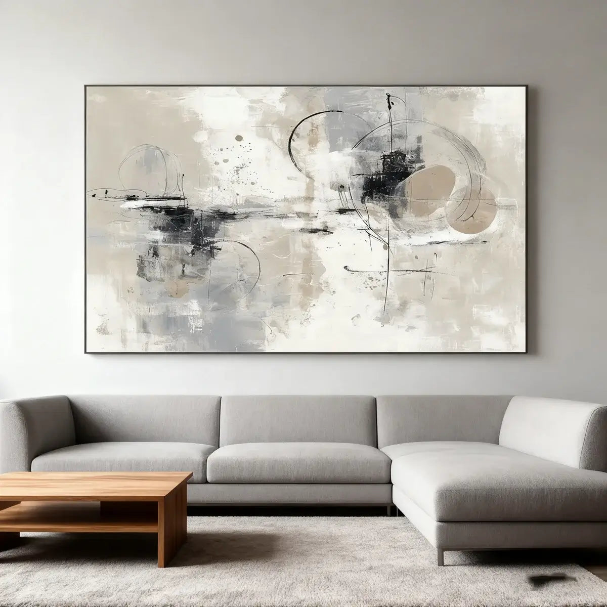 Abstract art painting in a modern living room setting