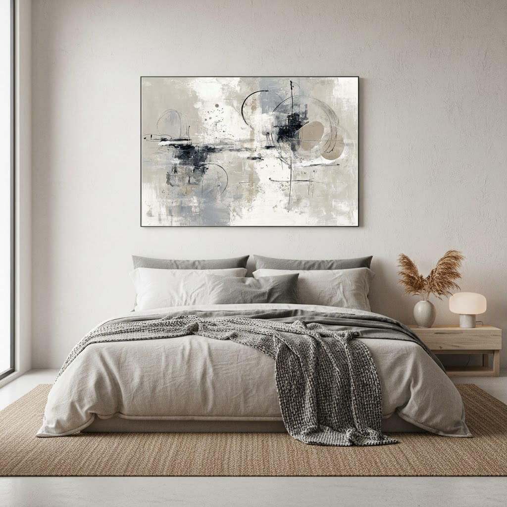Modern bedroom with abstract art above the bed