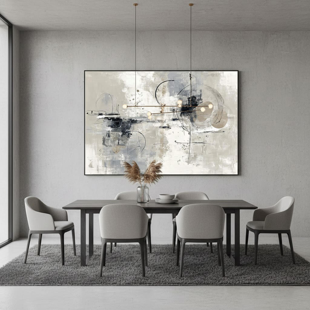Modern dining room with abstract art on the wall