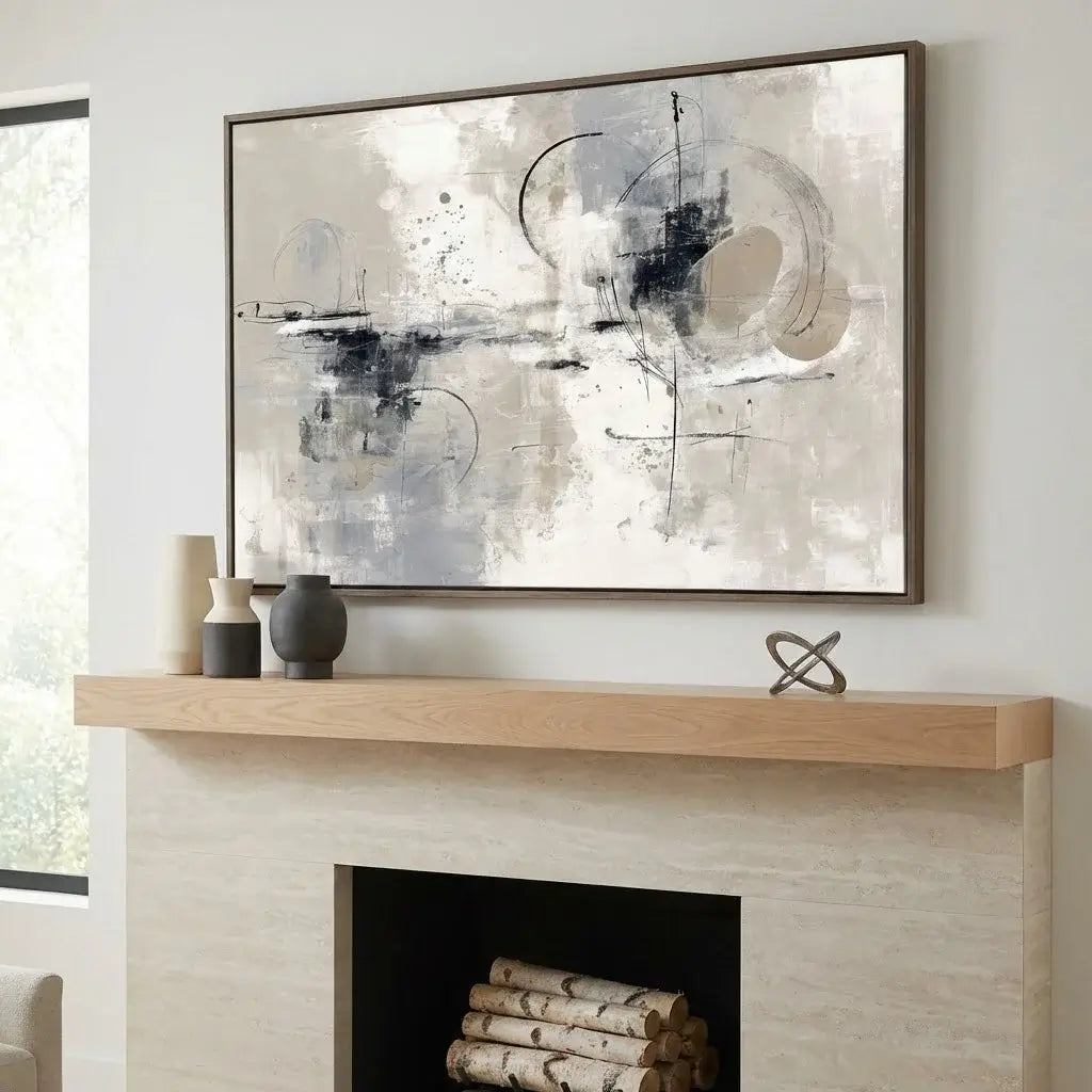 Abstract painting on a wall above a fireplace with decorative items.