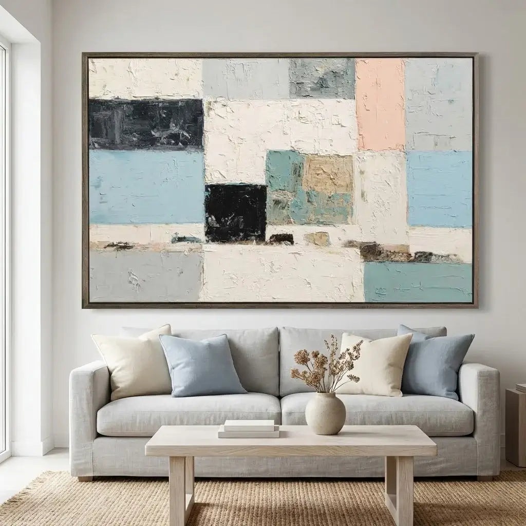 Abstract art piece on a wall above a sofa in a living room.