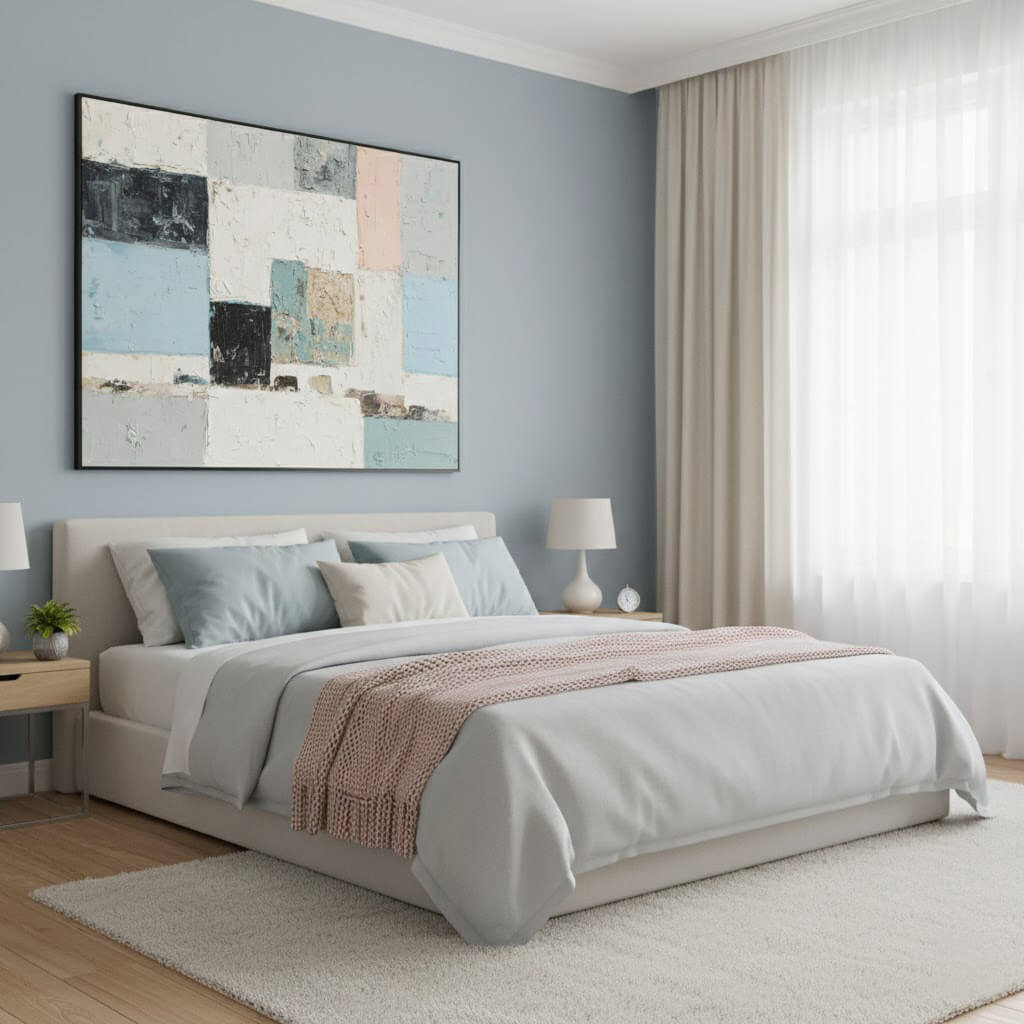 Modern bedroom with a bed, abstract wall art, and side tables.