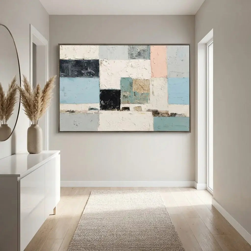 Modern interior with abstract painting on a wall, light-colored floor, and decorative elements.