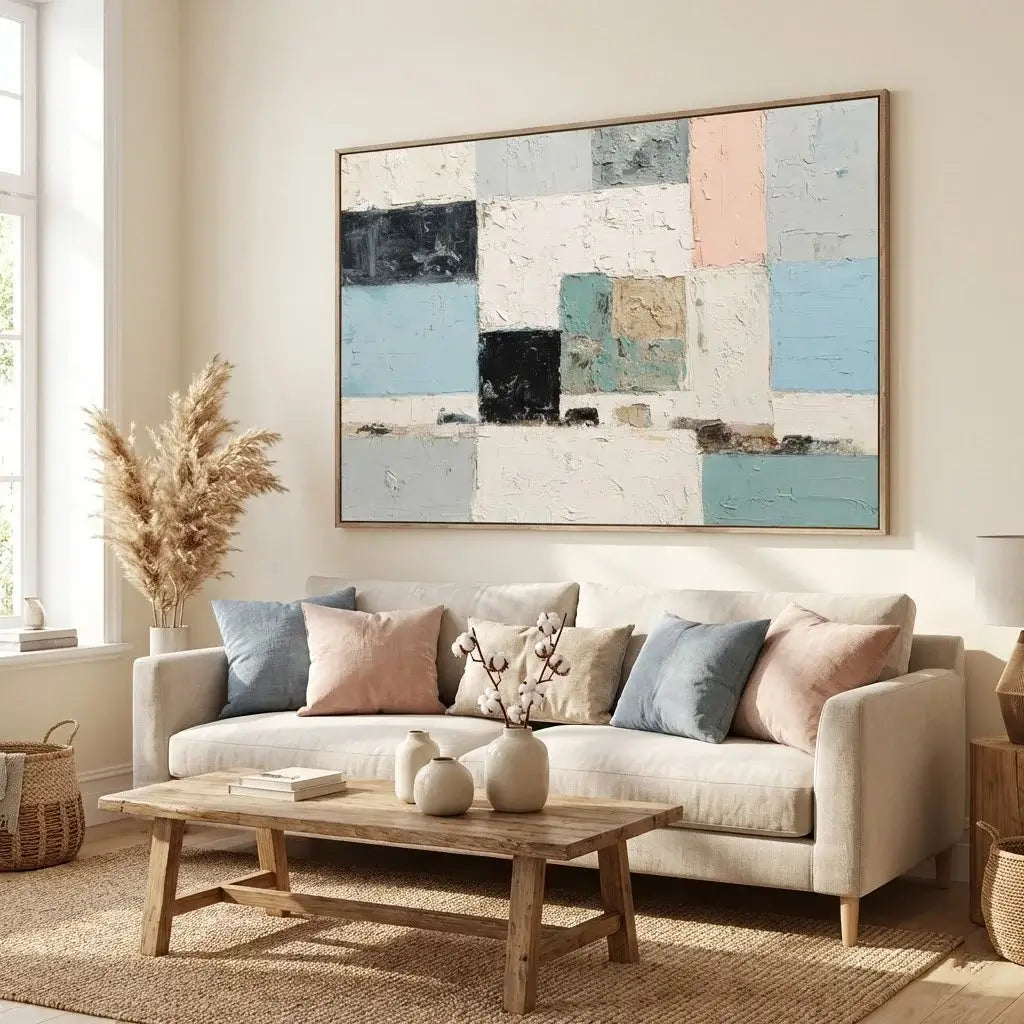 Living room with a beige sofa, wooden coffee table, and abstract art on the wall.