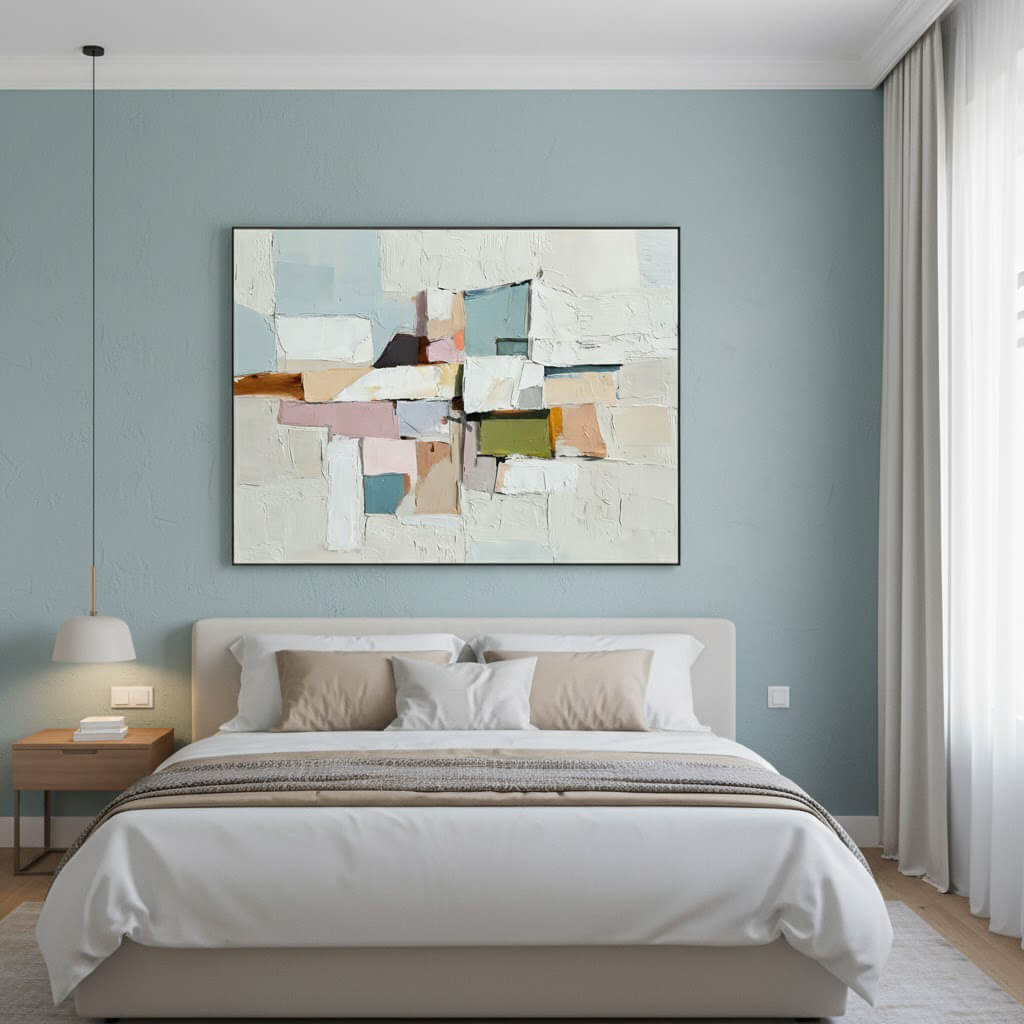 Modern bedroom with abstract art on the wall