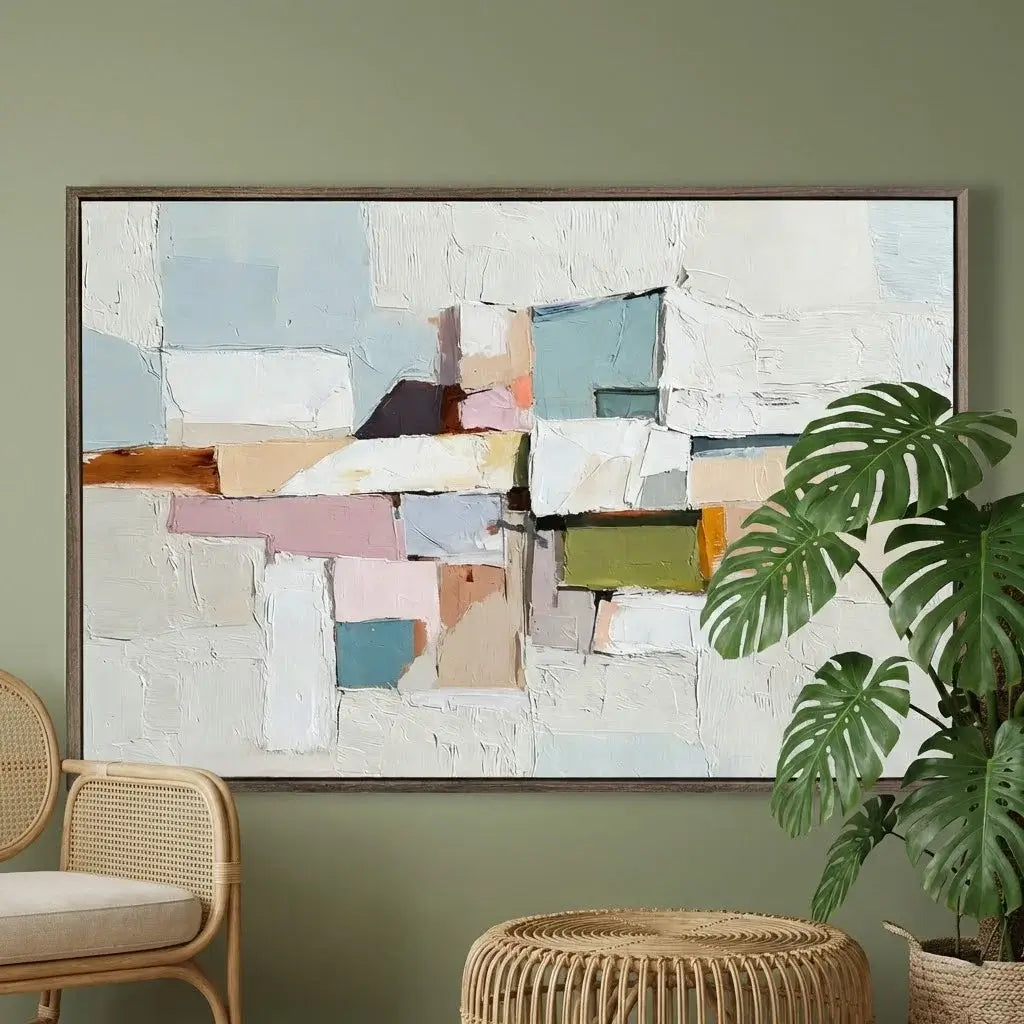 Abstract art piece on a wall with a chair and plant in a room.