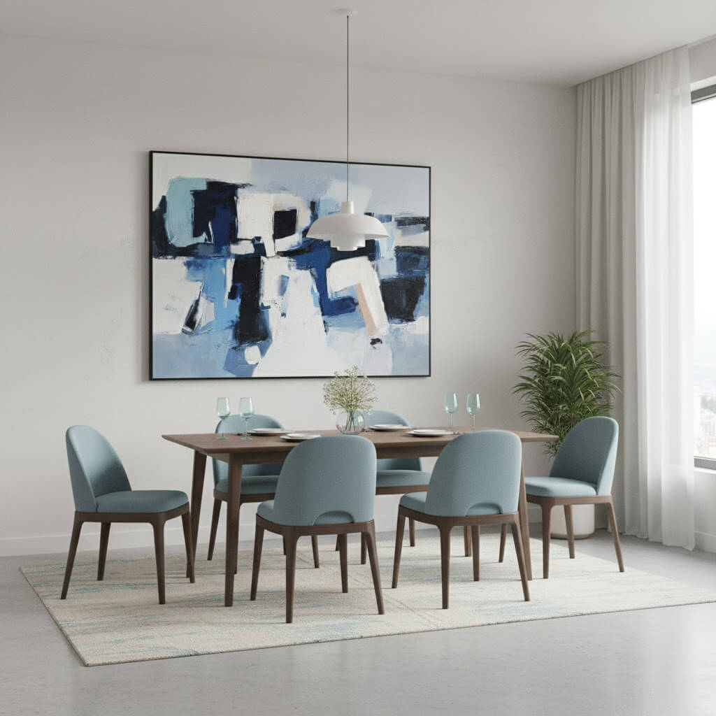 Dining room with wooden table and blue chairs, abstract painting on wall