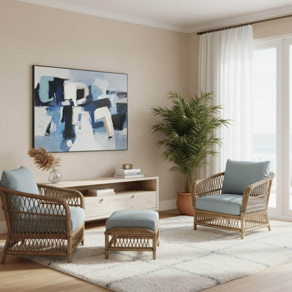 Living room with wicker chairs, ottoman, and abstract painting on a beige wall.