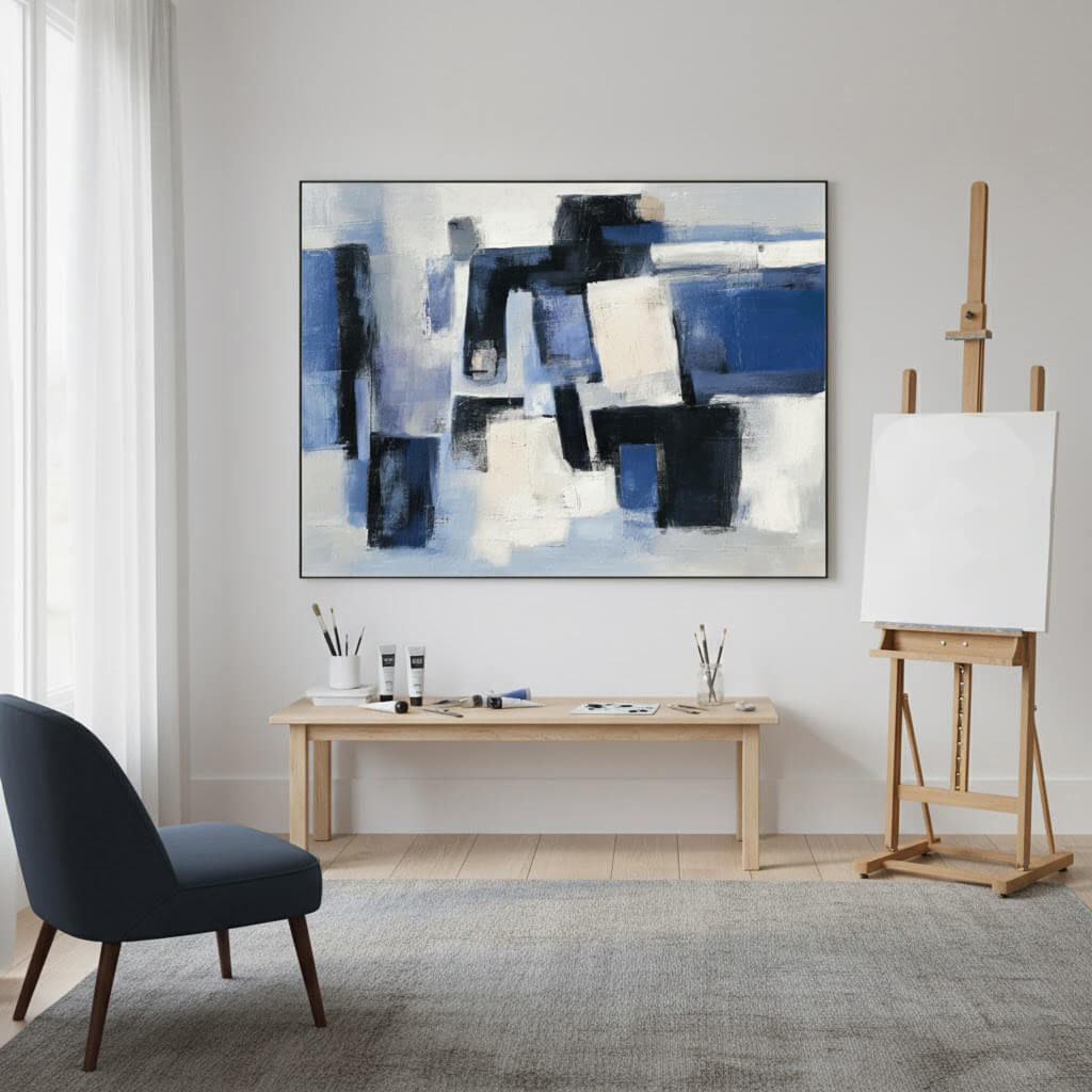 Abstract art painting on a wall in a room with a chair and easel.