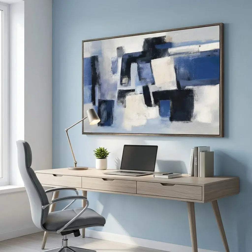 Modern office setup with a desk, chair, laptop, lamp, and abstract art on a blue wall.