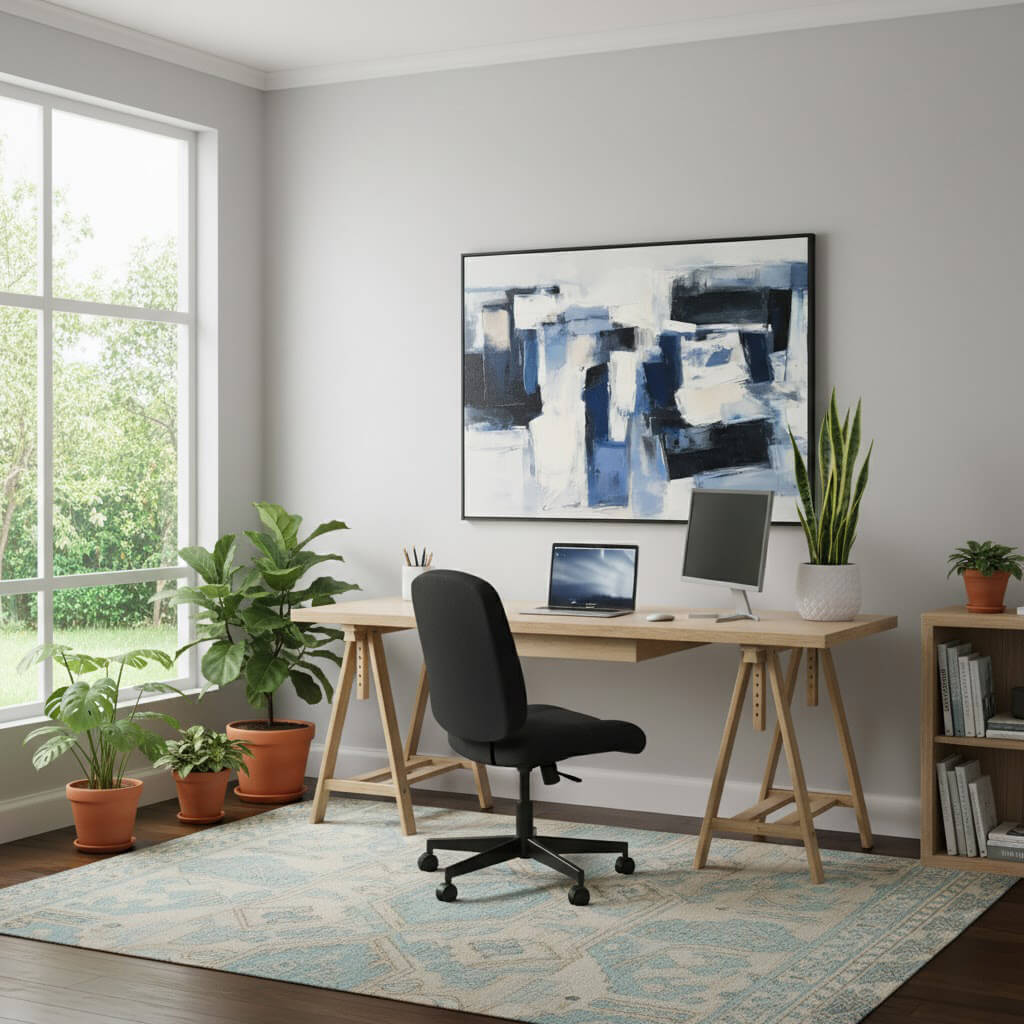 Modern home office with a desk, chair, and decorative elements.
