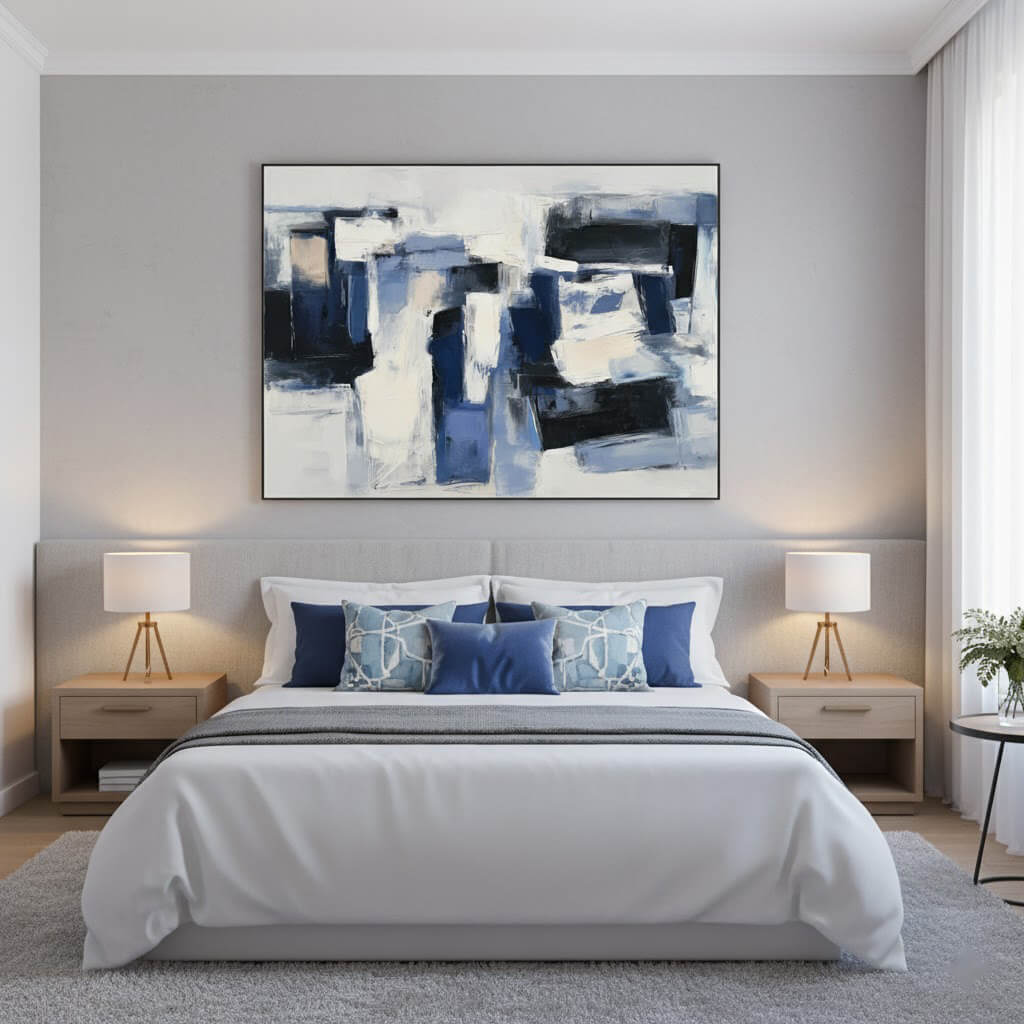 Modern bedroom with abstract art above the bed